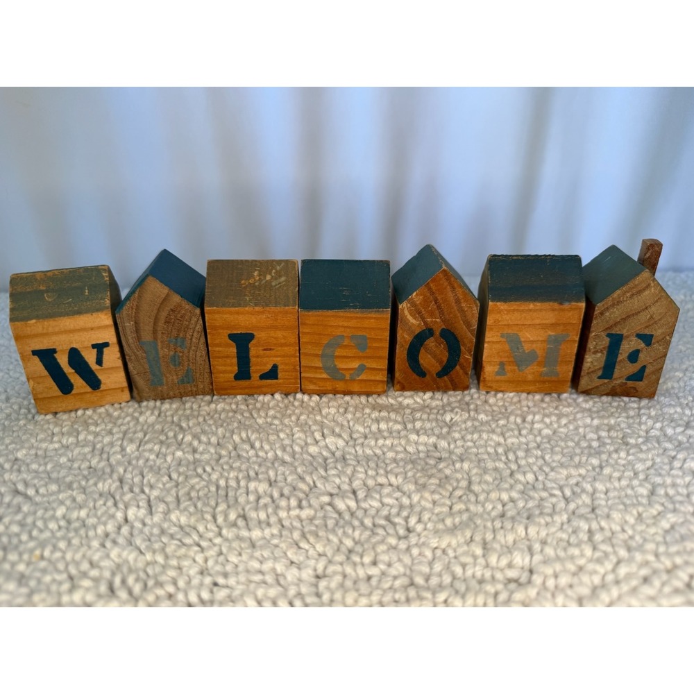 Rustic Wooden Welcome House Blocks Farmhouse Primitive Shelf Decor Set of 7 - Picture 2 of 9